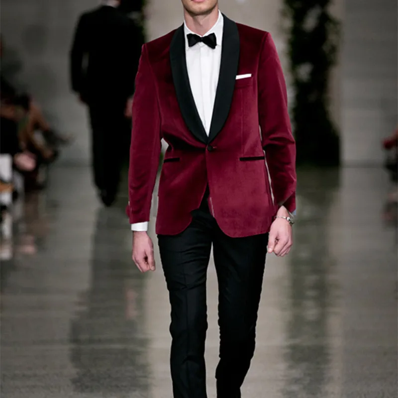Red velvet Tailcoat tuxedo jacket men suit Groom Tuxedos Groomsmen
