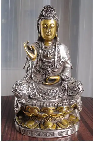 

decoration copper silver factory outlets 8" tall Tibetan Buddhist bronze cated silver Kwan Kuan Guan Yin Buddha statue