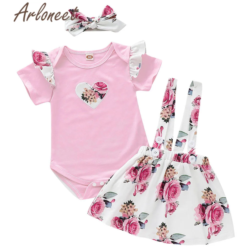 

ARLONEET Clothes baby girl romper jumpsuit suspender skirt floral print Bownot headband 3pcs summer girls summer outfits 2019