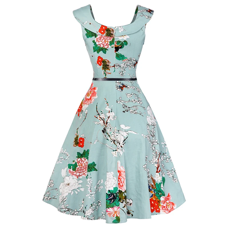 Kostlish Print Summer Dress Women 2017 Cotton Sleeveless 50s Vintage Dress With Belt Elegant Rockabilly Party Dresses Sundress (102)