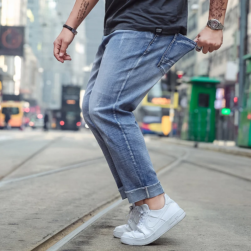Men's Stretch Harem Denim Pant Light Blue Casual Big Trousers Fashion Ruff Leg Plus Size 30-46 Leisure Quality Men Fit Jeans