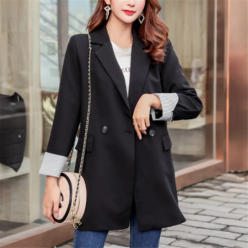

Women Blazers and Jackets Korean Fashion Woman Suit Jacket Coat Autumn Black OL Suit Coat Plus Size Women Patchwork Striped Coat