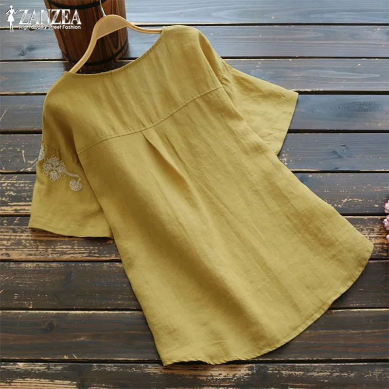  2019 ZANZEA Summer Blouse Women Vintage Embroidery Tops Short Sleeve Cotton Linen Shirts Female O N