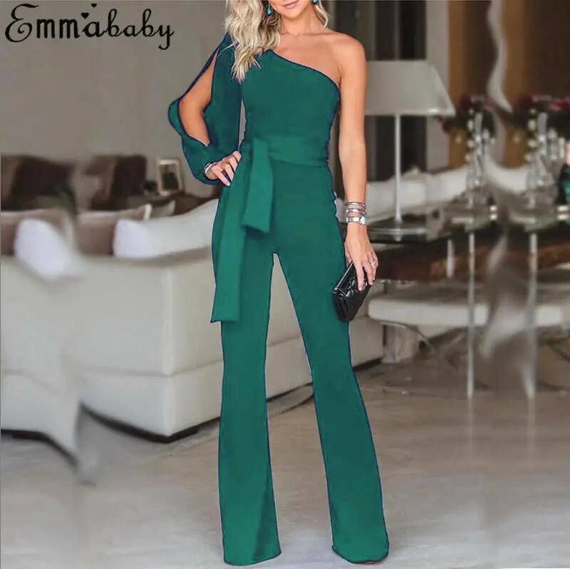Комбинезоны для женщин для мода г. женский комбинезон вечерние спортивный костюм комбинезон широкие брюки одно плечо Длинные мотобрюки - Цвет: Зеленый