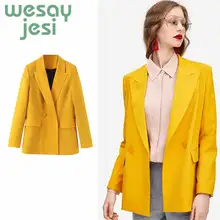 2019 Women Double Breasted chic blazer Office Lady Small Suit Jacket Ladies Leisure Yellow Lady's suit Coat Streetwear