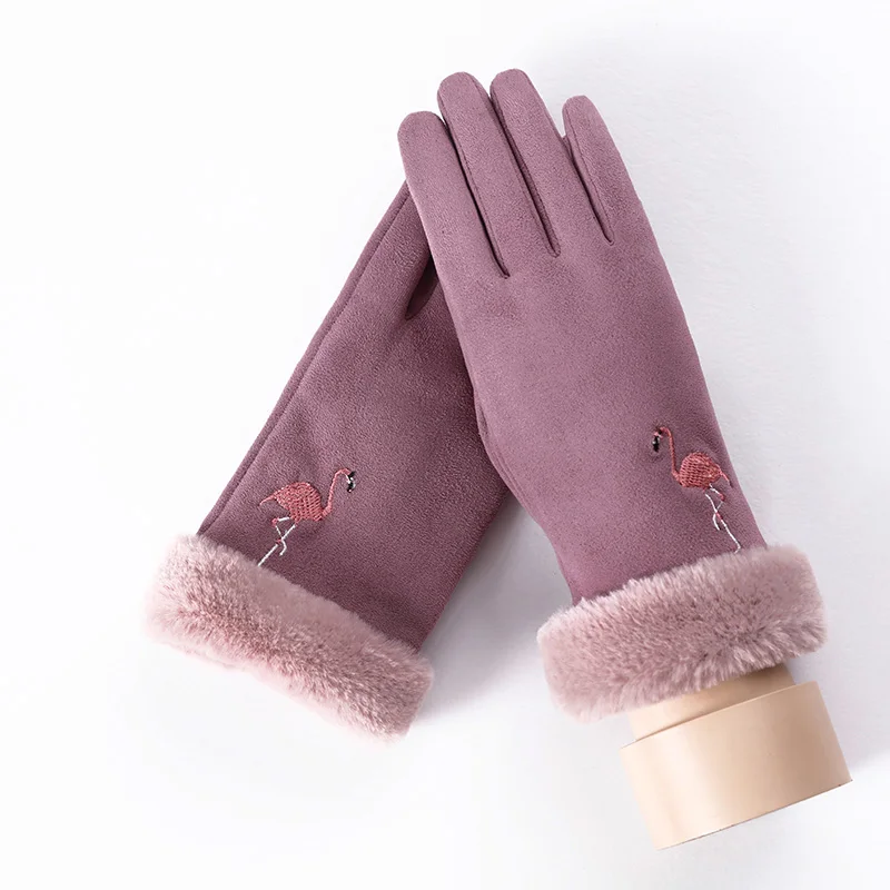 E Bean color Зимние женские однослойные плюшевые Наручные Теплые кашемировые полный палец варежки женские замшевые перчатки для вождения с сенсорным экраном 82A - Цвет: E Bean color