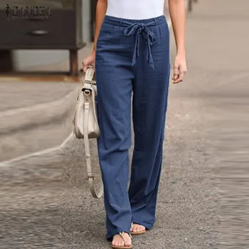 

2020 Fashion ZANZEA Women Causal Cotton Linen Pants Plus Size Lady Straight Trousers Elastic Waist Turnip Long Pantalones Mujer