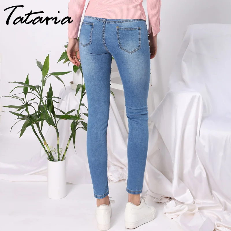 Denim Women Skinny Jeans With Pearls Pants Slim Femme Beading Pearl Jeans Woman 2018 With beads Mid Waist Pencil Jean For Women