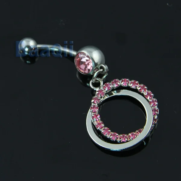 Pink Gem Double Rings Dangle Navel Belly Dangle Bar Ring 14g Body 