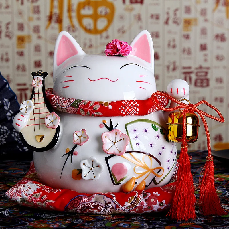 8 дюймов керамика Maneki Neko орнамент розовый белый lute дизайн Lucky Cat Копилка фигурка домашний декор Фортуна кошка с колокольчиком