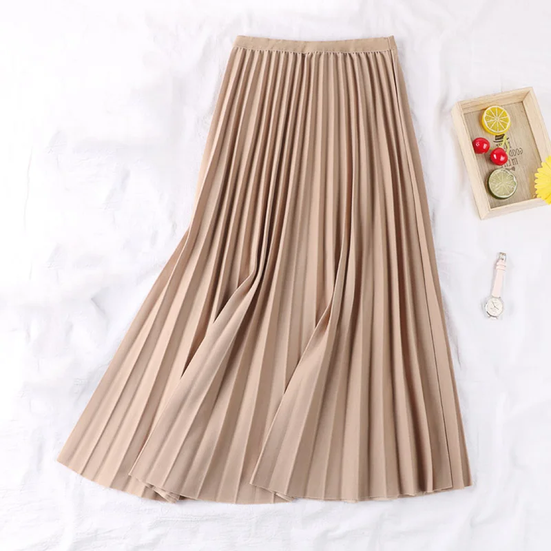 

2019 Long Pleated Skirt Women Autumn Winter Transparent Midi Skirts Female Fashion High Waist Faldas Jupe Femme All Match