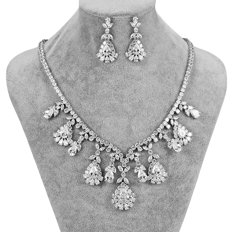 

Assorted Colors Luxury Cubic Zirconia Zircon CZ Large Teardrop Necklace and Earrings Bridal Wedding Jewelry Set for Women
