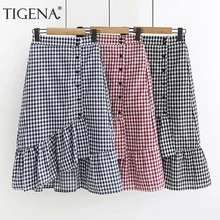 TIGENA модная клетчатая юбка русалки для женщин летняя Корейская миди-юбка с высокой талией Женская повседневная черная синяя красная школьная юбка солнце