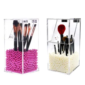 

Upgrade Version! 2017 Brush Cosmetic Organizer Clear Acrylic Makeup Organizer Clamshell Acrylic Brush Box Holder With Pearls