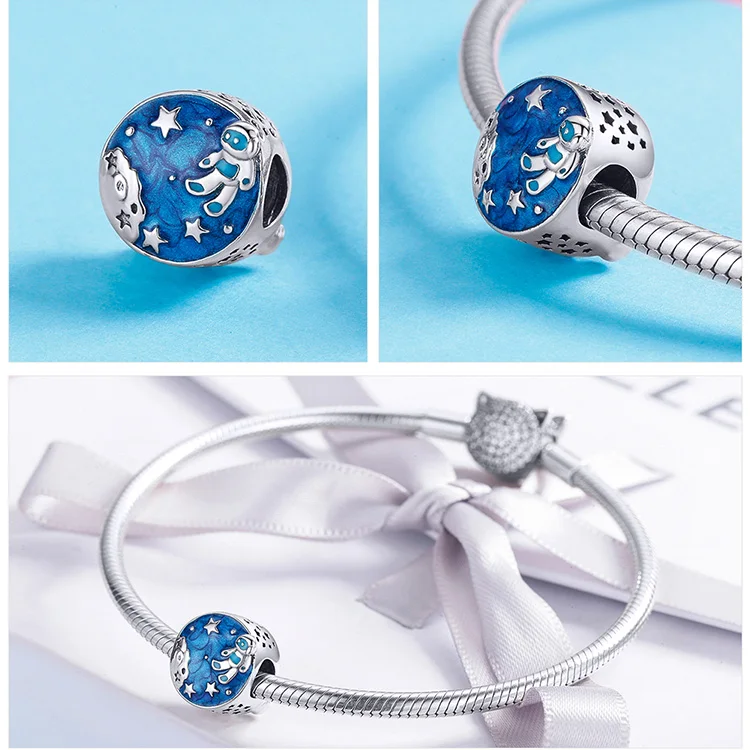 BAMOER синий эмаль круглые бусины серебро 925 космическая галактика астронавт Шарм Подходит Для Европейского модного бренда браслет 3 мм SCC1148