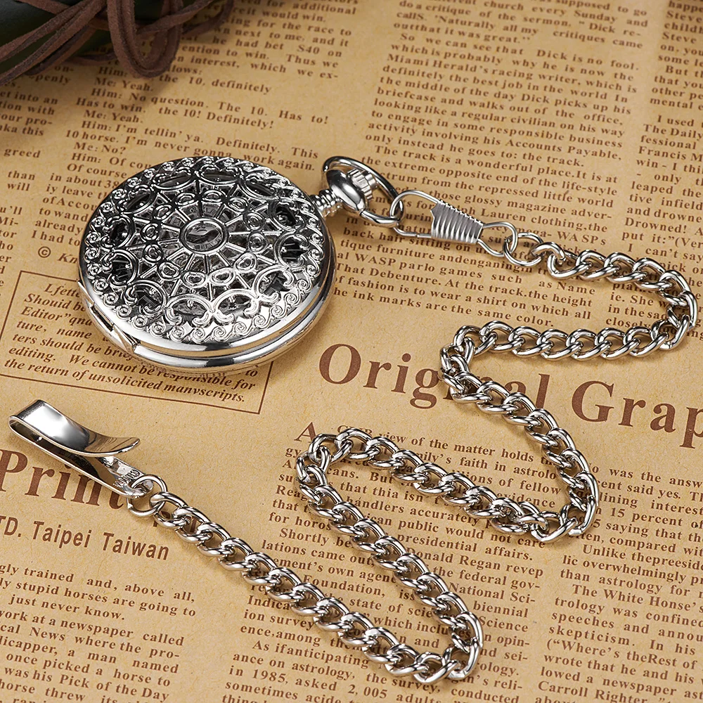 OUYAWEI Fashion Men Casual Pocket Watches Silver Hand Wind Stainless Steel Chain Watches Brand Skeleton Dial 5