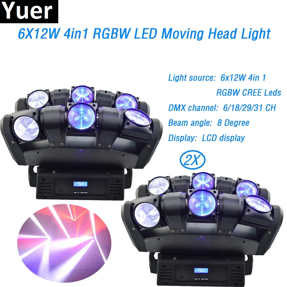 

2Pcs/Lot 6x12W RGBW Led spider Beam Moving head lights 360 degree rotating LCD display DMX512 for Disco DJ Bar Show Nightclub