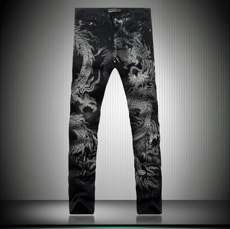 

new men black jeans Chinese style fashion animal dragon pattern printed denim cotton jeans high quality full length trousers