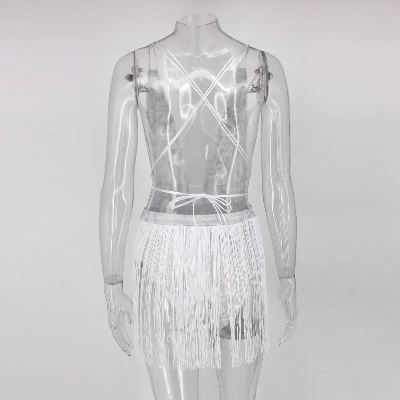 Dressmecb Для женщин пикантные летние открытые комбинезон Холтер спинки кисточкой костюм клуб Playsuit блестками партия Комбинезоны для малышек Боди