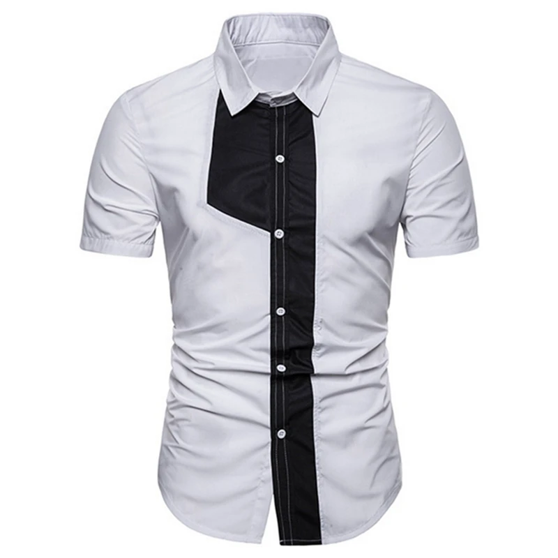 

ADISPUTENT 2019 Men's Casual Blouse shirt Loose Tops Short Sleeve Tee Shirt Breathable Print Turn-down Collar Patchwork Shirt