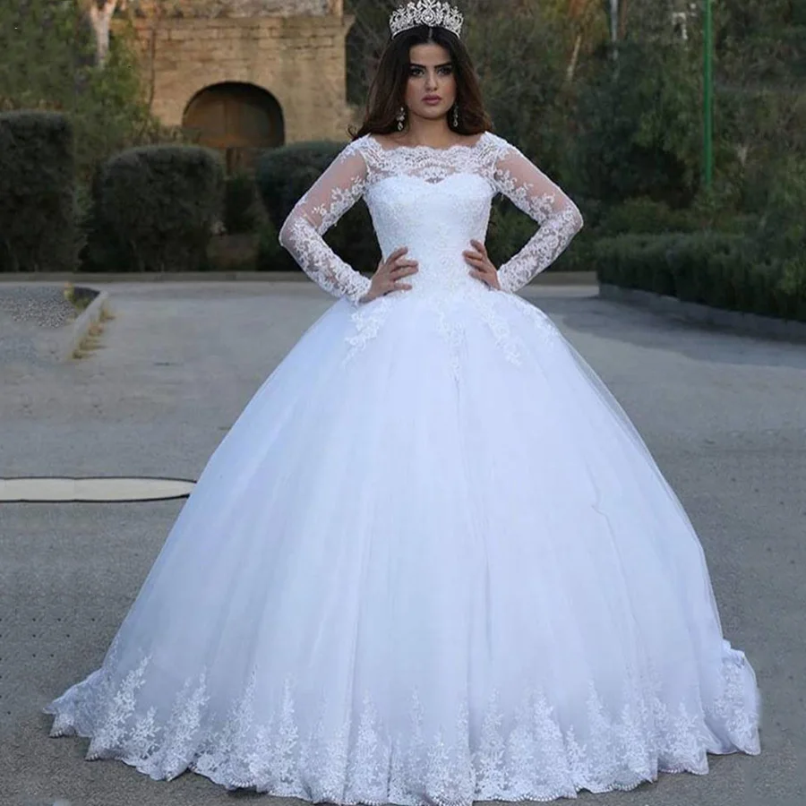 

White Vintage Lace Appliques Long Sleeves Cheap Wedding Dresses Ball Gown Wedding Gowns Bridal Dress robe de soiree
