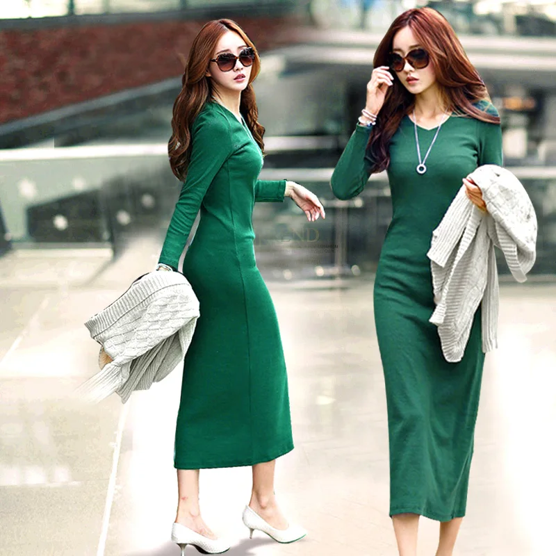 

New 2018 Robe Plus Size Women Autumn Winter Dress Fashion Casual V-neck Knitting Dresses Long-Sleeve Long-Length Dress vestido