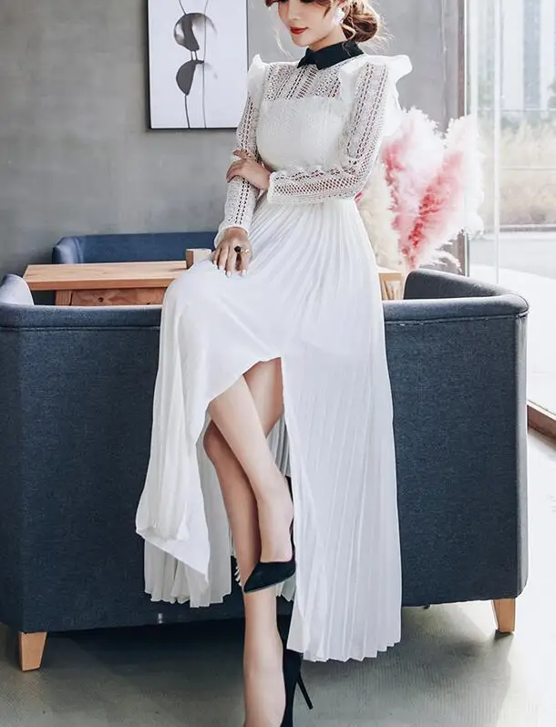 

Free Shipping High Quality 2018 Bohemian Style Peter Pan Collar Long Sleeve Woman Chiffon Lace Pleated Long Dress White