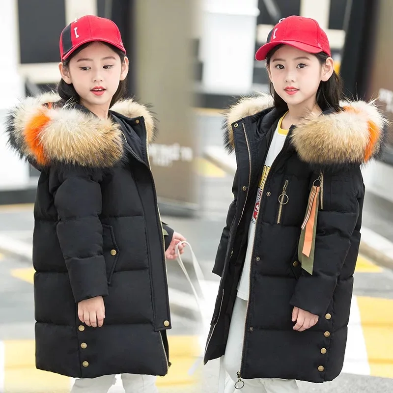 

2018 Thicken Warm Children Girl Winter Coat Big Fur Long Down Jacket For Girl 5-14 Years Kids Outerwear Winterjas Meisjes