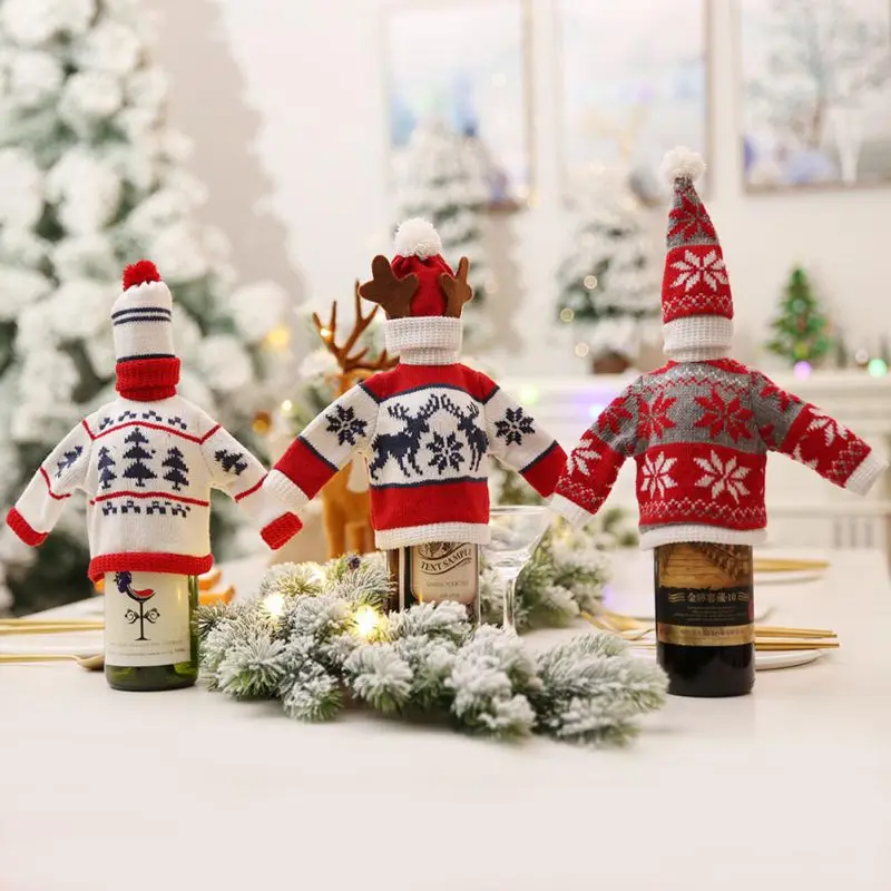 Рождественские украшения бутылки вина крышка свитер Обложка сумка Санта Клаус Вязание Шапки для год Рождественский домашний ужин вечерние Декор