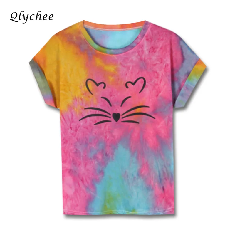 Qlychee Tie Dye Cat Print Colorful T Shirt Cute Animal Print Short