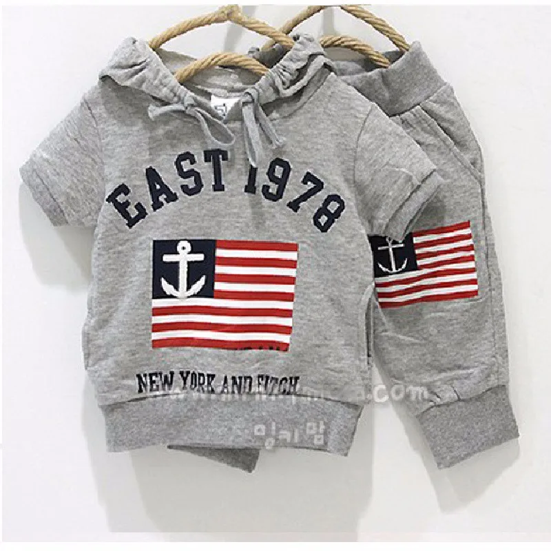 Комплект из серой толстовки с капюшоном и штанов свитер с изображением морского флага одежда для малыша хлопок
