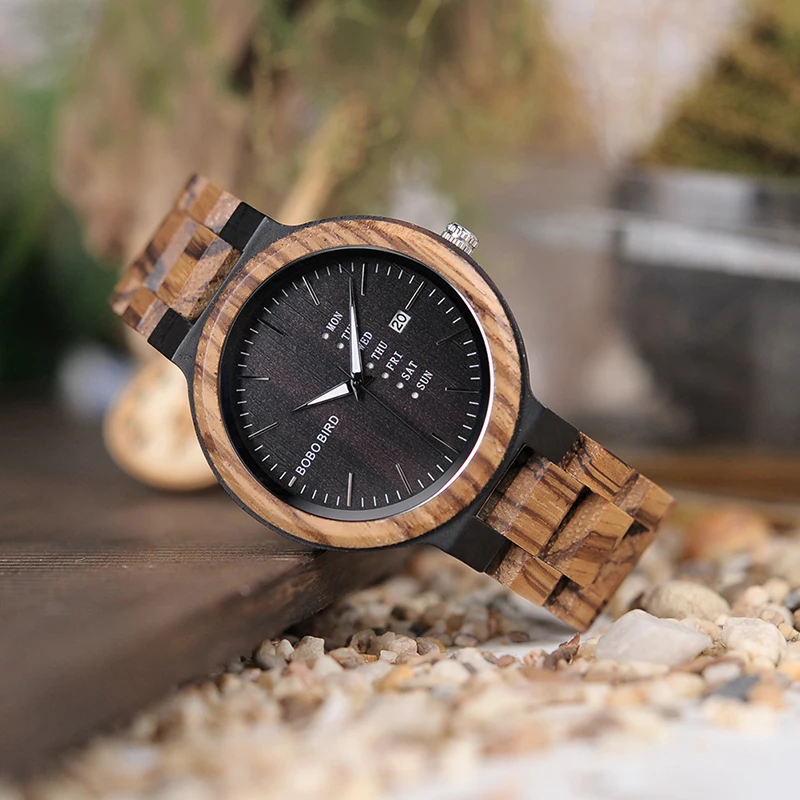 BOBO BIRD O26-2 Men's Wood Dress Analog Watch With Week Display Casual Quartz Watch Ship from Spain In Gift Box