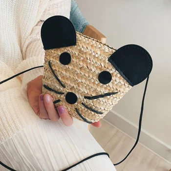 

Kids Cartoon Cat Zipper Cross-Body Handbag Fashion Girls Kids Straw Shoulder Messenger Bag