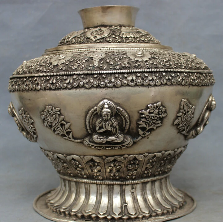 

JP S0114 11" Chinese Silver 8 Auspicious Symbol Lotus Shakyamuni Buddha Statue Jar Pot