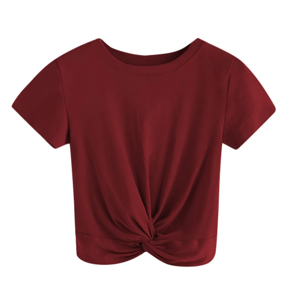 إمرأة T قميص عارضة الصلبة يا الرقبة قصيرة الأكمام تويست الجبهة المحاصيل المحملة قمم Camisetas موهير 35