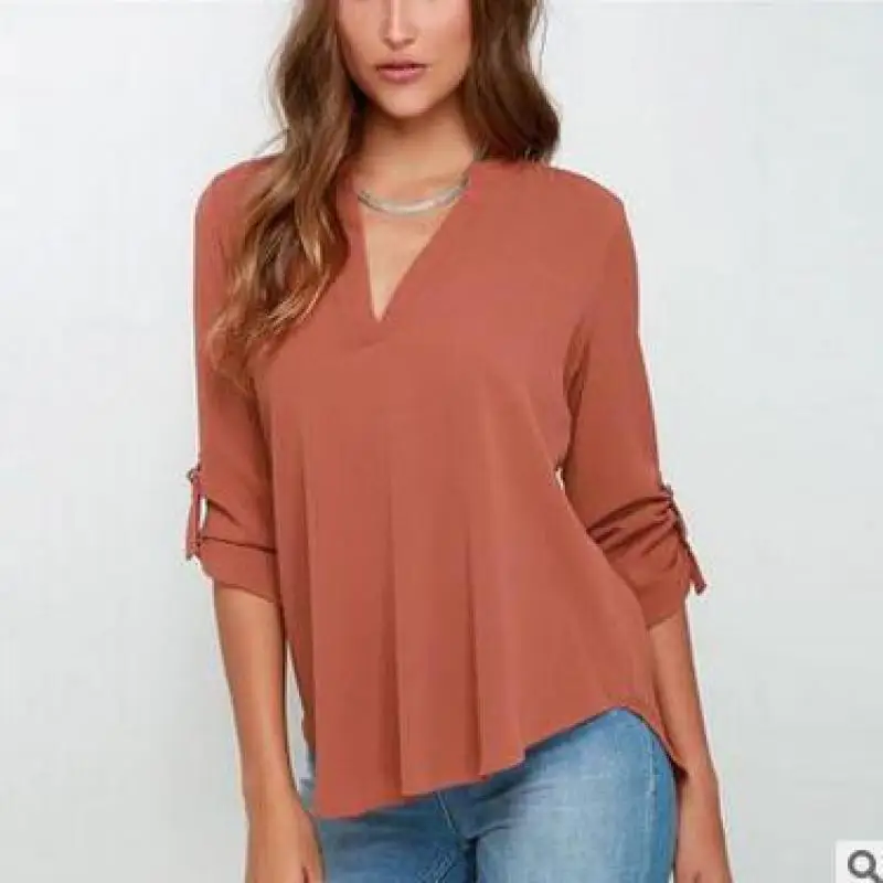 

Plus Size Women Blouses Long Sleeve V-collar Wrinkled Sleeve Loose Chiffon Shirt 2019 Spring Fashion Chiffon Spliced Blouses