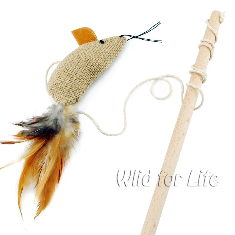 50cm Wooden Teaser Wand with Natural Sisal/Feather/Catnip Mouse Catcher