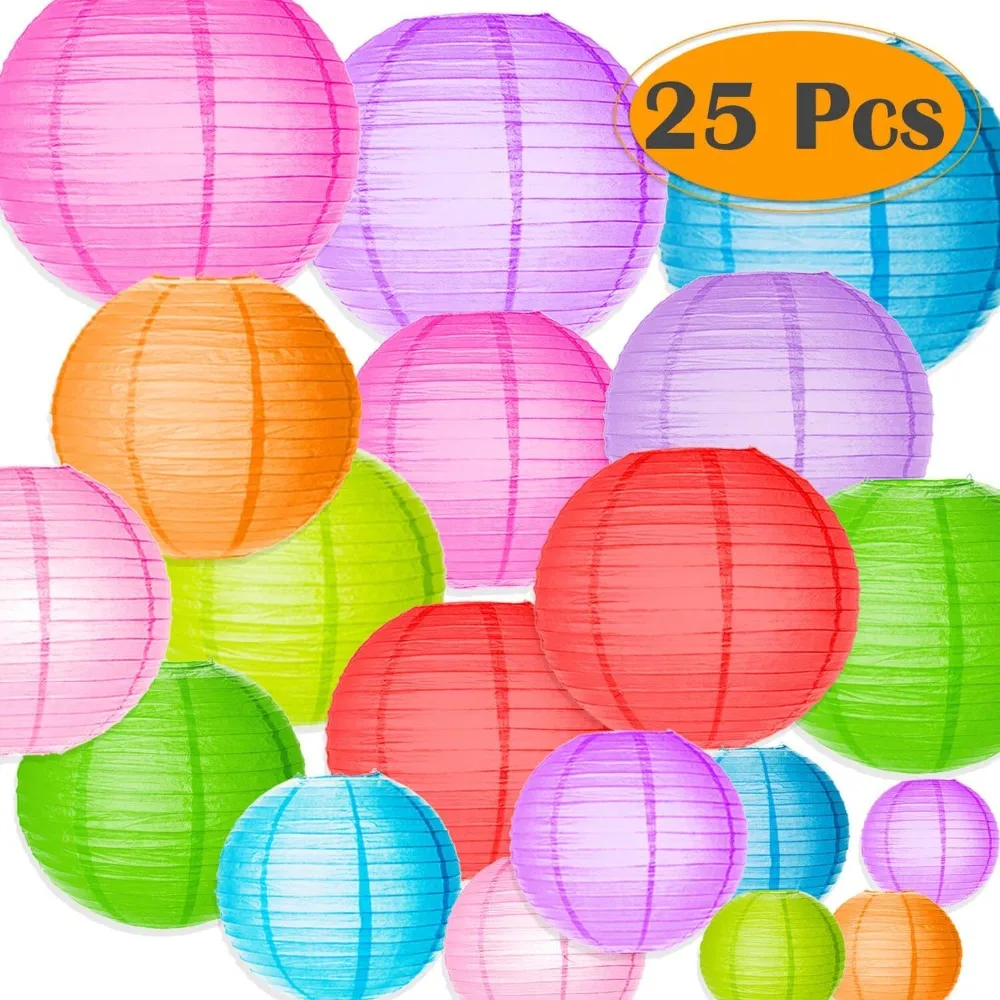 25 Pcs/set Colorful Paper Lanterns Assorted Sizes Round Paper Chinese