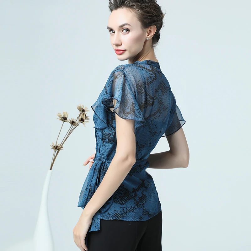2019 Summer Women Snake Skin Blouse Crossed V Neck