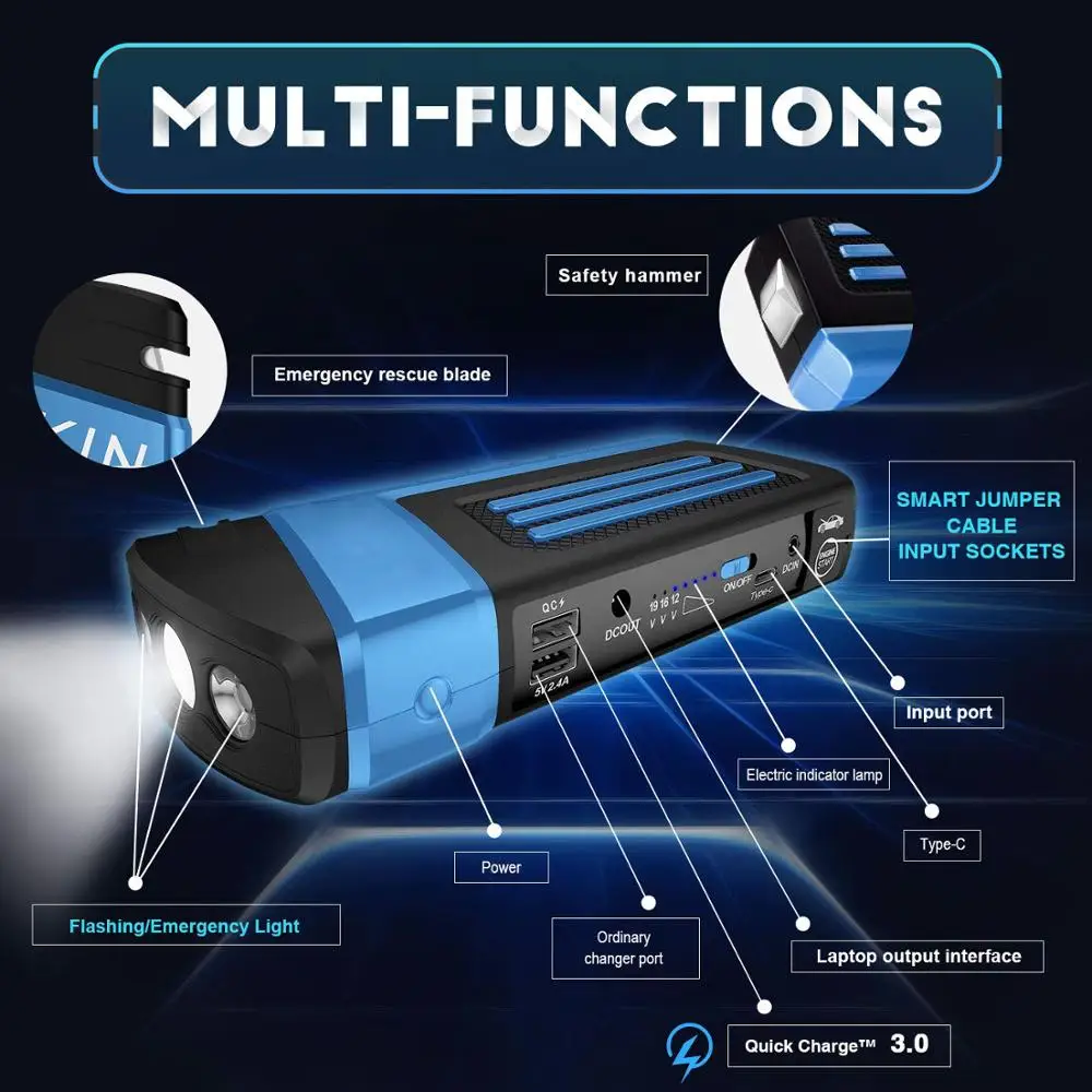 

New MultiFunction Jump Starter Real Two Way Fast Charge Type C Portable Power Bank 12V Emergency Car Booster Starting Device