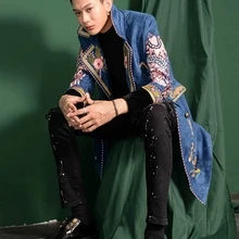 Роскошная Мужская винтажная длинная куртка-смокинг синего цвета с вышивкой льва/куртка для сцены/для студентов/клубов/для Азии