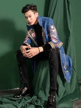 

luxury mens vintage blue embroidery lion flower tuxedo long jacket/stage performance jacket/stage/stuido/club/ ASIA SIZE jacket