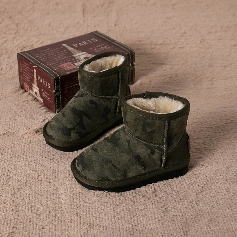 Зимние ботинки для мальчиков и девочек, противоскользящая зимняя детская обувь, ботинки для девочек, теплая обувь, детские ботинки для девочек, размер 26-37, Детская меховая обувь - Цвет: Army green