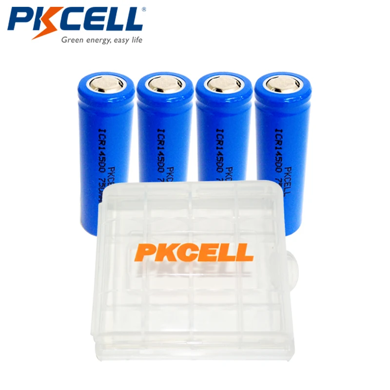

4Pcs*PKCELL 14500 Rechargeable Battery 3.7V 750mAh AA ICR14500 Lithium Li-ion Batteries For Headlight LED Torch+1pcs Battery Box