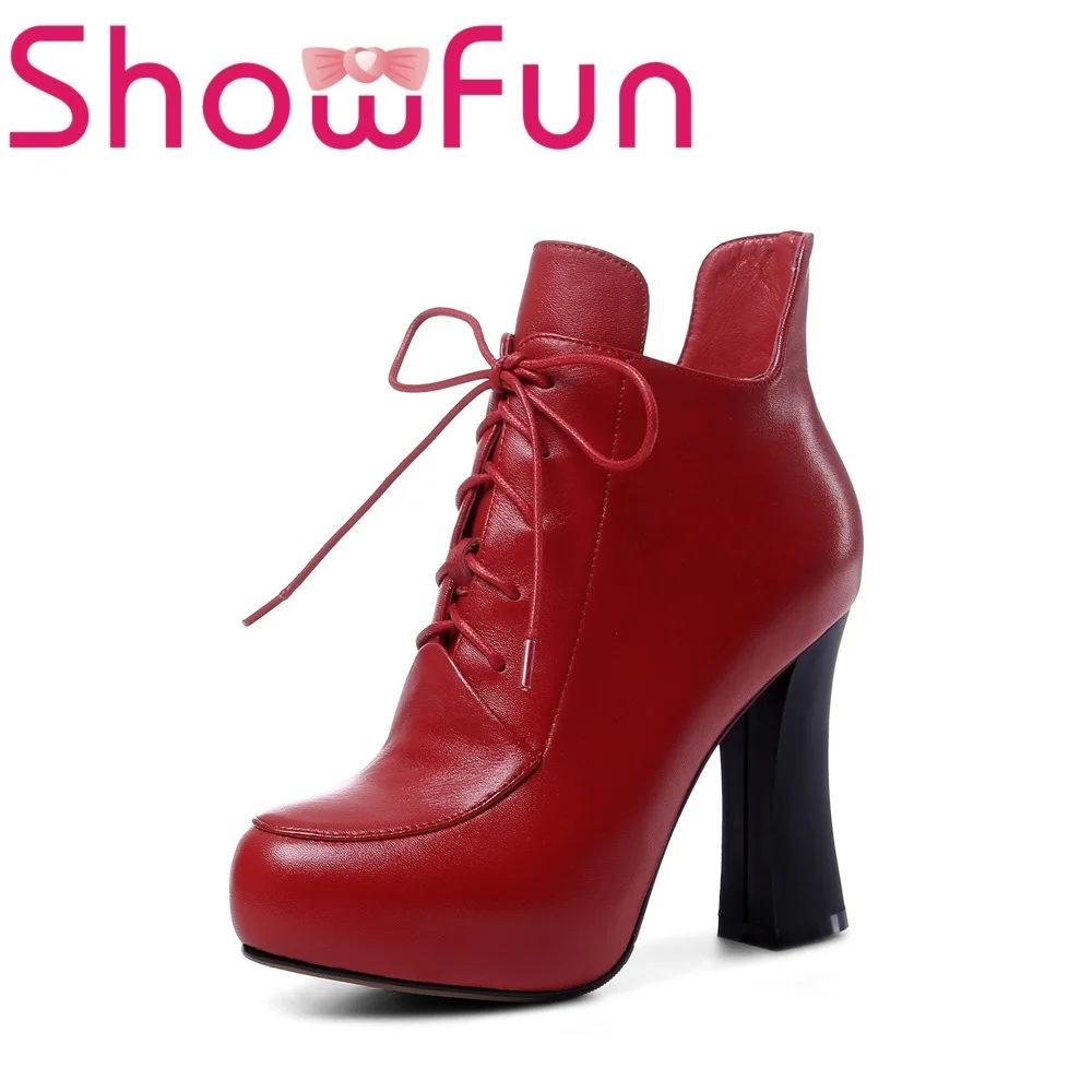 

Showfun genuine leather shoes woman winter solid ankle pointed toe lace-up short plush super high square heel boots