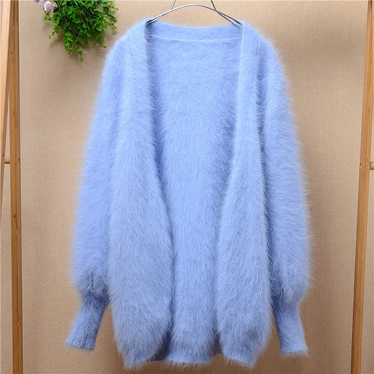 

Ladies women blue medium long real angora rabbit fur loose lantern long-sleeves hand knitted mink cashmere sweater coat cardigan