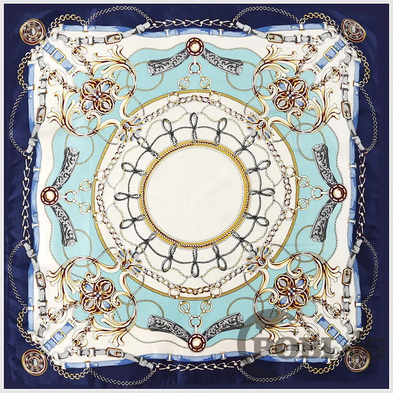 

POBING Silk Scarf Women Melt Chain Print Manual Hand Square Scarves Spain Echarpes Foulards Femme Wrap Bandana Small Hijab 90CM