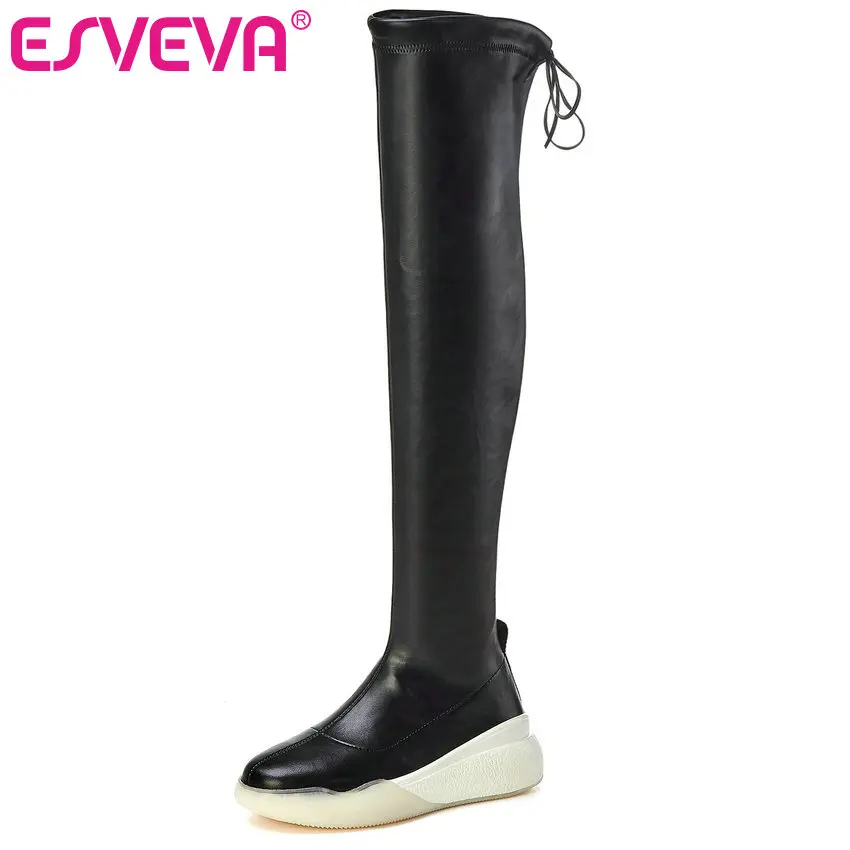 

ESVEVA 2020 Women Over The Knee Boots Winter Women Boots Wedge Med Heel Flock Lace Up Motorcycle Boots Platform Size 34-39