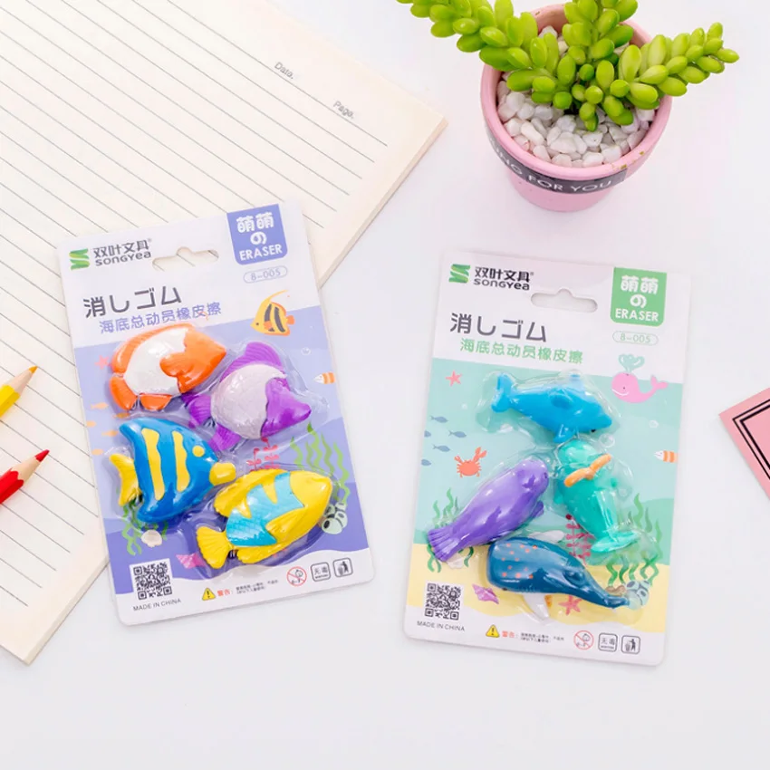 

4pcs/lot Cute Sea Animals Whale Shark Dolphin Fish Cartoon Rubber Pencil Erasers School Prizes Kid Gifts