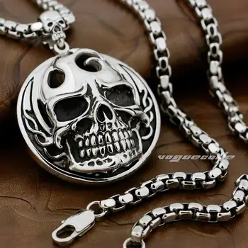 

316L Stainless Steel Huge Heavy Flame Skull Pendant Mens Biker Rock Punk Style 7H005 Steel Necklace 24inch